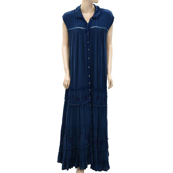 Free People Pretty Cozy Maxi Dress Buttondown Tiered Lace Embroidered XS 265211 - Picture 6 of 9